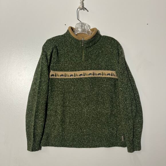 Vintage Woolrich 1/4 Zip Bear Nature Print Green Pullover Sweater Women’s Small - Picture 1 of 8